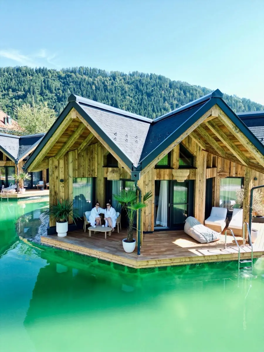 COCOtravel Rosenhof Teichlodges Drohnenansicht Terrasse 4